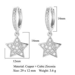 Detailed view of silver star hoop earrings with cubic zirconia and size specifications