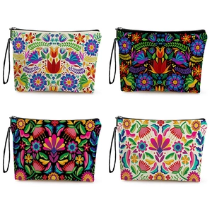 Mexican Folk Art Floral Bird Print Makeup Bag Linen Cosmetic Pouch With Zipper Wristlet Portable Travel Organizer For Women