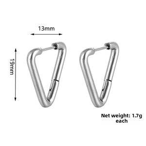 Detailed macro view of silver stainless steel triangle earrings with 13x19mm size dimensions