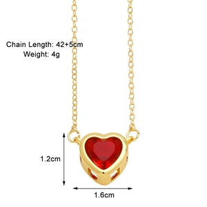 Detail view of heart pendant necklace with red gemstone and 42+5cm chain size specs