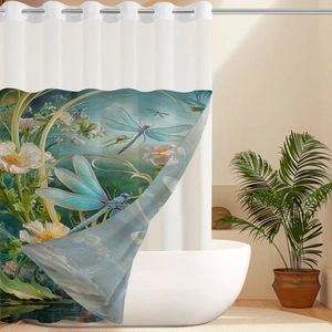 Détail du rideau de douche imperméable avec motif libellé bleue et œillets en métal