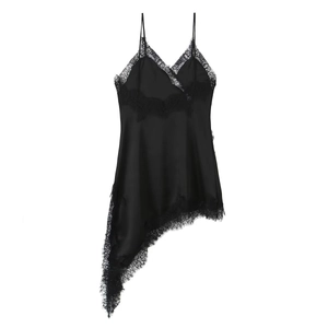 Close-up of black silk dress with delicate lace V-neckline and irregular hemline