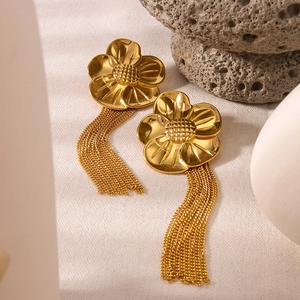 Retro 18K gold-plated stainless steel oversized flower earrings with long fringe chains