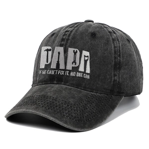 Washed dark gray baseball cap with PAPA embroidery and tool icons for Father's Day