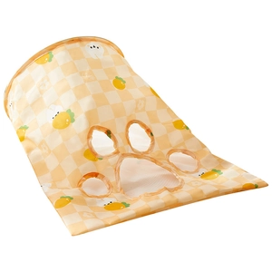 Yellow checkerboard cat tunnel with breathable paw-shaped mesh window and lemon patterns
