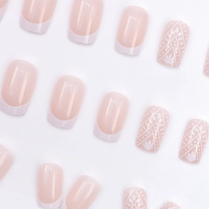 Baroque white dreamcatcher totem French style press-on nails with minimalist pink base