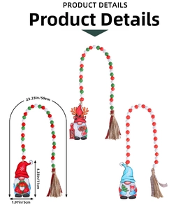 Detail of Christmas wooden gnome hangers with festive beads and rustic linen tassels