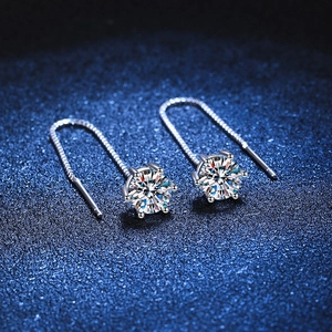 Elegant S925 sterling silver long threader earrings with 1 carat six-prong moissanite stones