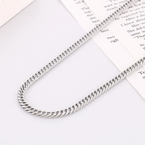 Detailed macro shot showing the silver curb chain texture and polished metallic links