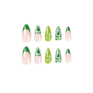 Green swirl heart and star pattern press-on nails set with glossy French tip finish