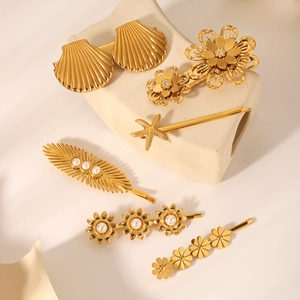 Ensemble de barrettes en acier inoxydable doré 18K avec perles et motifs floraux marins