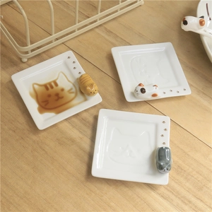Japanese style square ceramic sauce dish set with 3D hand-painted relief cat designs