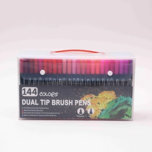 Detailed set of 144 dual tip watercolor brush pens in a portable clear storage case