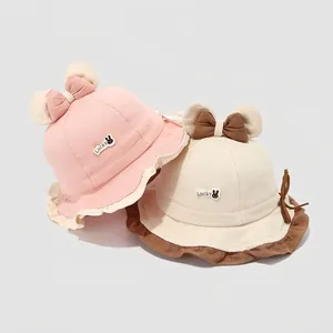 Kids cotton sun hat with bow tie and Lucky rabbit embroidery in pink and beige