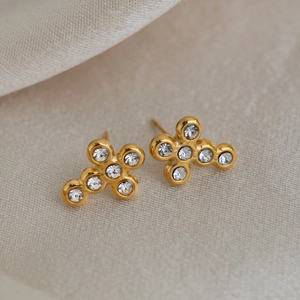 18K gold plated stainless steel cross stud earrings with sparkling cubic zirconia crystals