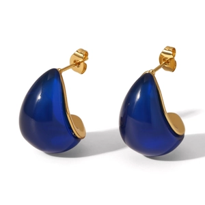 Detailed close-up of dark blue resin teardrop earrings with gold plated stainless steel