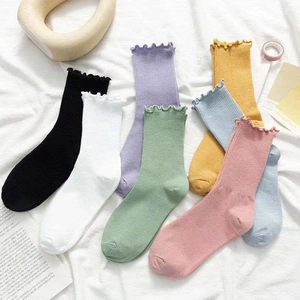 Women Mid-Calf Slouch Socks Polyester Breathable Japanese JK Style Ruffle Wood Ear Cuff Solid Color Sweet Ribbed Knit