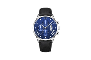 Detail of blue dial quartz watch with functional sub-dials and date window on leather strap