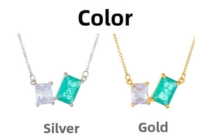 Detailed macro view of square zircon pendants in gold and silver finish on titanium chain