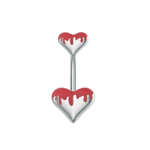 Detail view of double heart-shaped belly button ring with vibrant red enamel finish