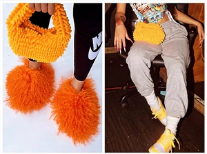 Detail of bright orange and yellow plush handbag with oversized fluffy faux fur boots