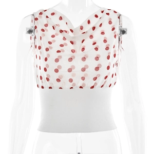 Slim fit white chiffon top with red polka dots and sheer mesh sleeveless design