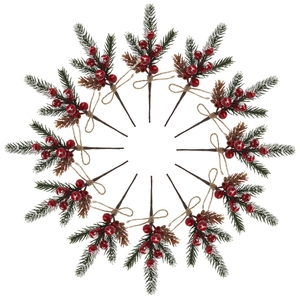 Artificial Christmas berry picks with snow pine needles and pinecones on white background