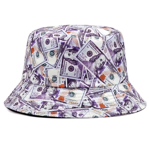 Fashionable purple dollar print bucket hat for outdoor summer sun protection