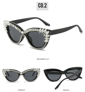 Three views showing luxury rhinestone cat-eye sunglasses with sparkling crystal accents