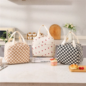 Borsa termica per il pranzo in velluto a coste con motivi a fragola e a scacchi