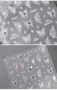 Macro detail of laser holographic butterfly nail stickers with matte finish and black gems