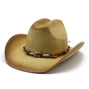 Western style straw cowboy hat with colorful beaded band and large curved brim