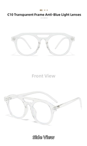 Detail view of model C10 transparent round frame glasses with anti-blue light lenses