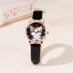 Women Girls Quartz Wristwatch Cat Ear Case Design Cartoon Cat Pattern Dial Roman Numerals PU Leather Strap Fashion Casual