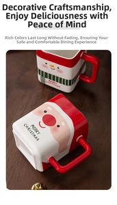 Close-up of red and white square ceramic mugs featuring Santa Claus and snowman patterns