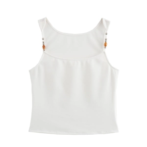 Women White Camisole Tank Top Beaded Straps Slim Fit Cropped Polyester Versatile Summer Vest