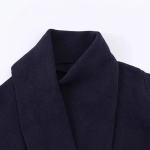 Navy knit cardigan with shawl collar and fine knit texture for women's winter warmth