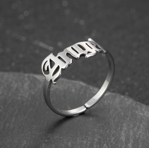 Minimalist silver stainless steel open ring with gothic Baby hollow lettering design