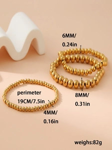 Detailed view of 3-piece 18K gold-plated stainless steel bead bracelet set 4mm 6mm 8mm