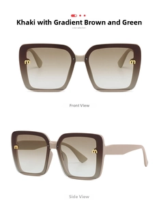 Detail of sand khaki square sunglasses with tea-green gradient lenses and gold M logos