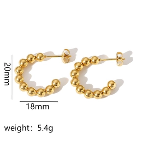 Golden C-shaped bead hoop earrings in stainless steel, size 20mm x 18mm