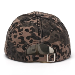 Washed leopard print cotton baseball cap with adjustable metal buckle from rear view