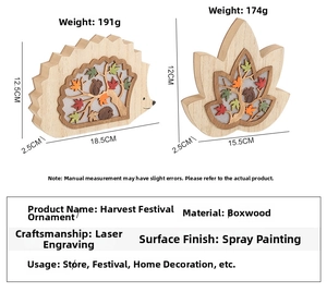 Detail view of wooden hedgehog craft with dimensions and weight for Harvest Festival decor