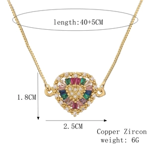 Detailed view of gold-plated heart pendant with colorful zircon stones and dimensions