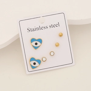 3-pair stainless steel earring set with blue devil eye hearts and zircon studs