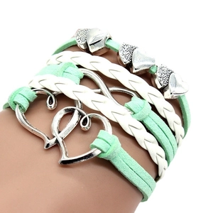 Multilayer mint green and white braided leather bracelet with silver heart and infinity charm
