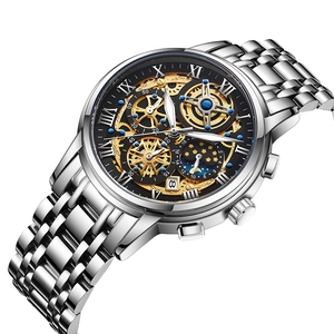 Men's skeleton quartz watch with silver steel strap and multifunctional calendar dial