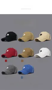 Detail view showing a 3x3 grid of vintage distressed baseball caps in eight classic colors