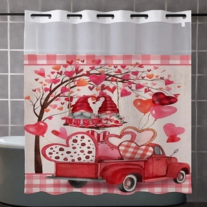 Detail view of Valentine's shower curtain featuring gnomes and red truck with hearts