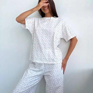 Women Pajama Top And Pants Polyester Elastane Heart Floral Print Short Sleeve Round Neck Casual Loungewear Sleepwear Home